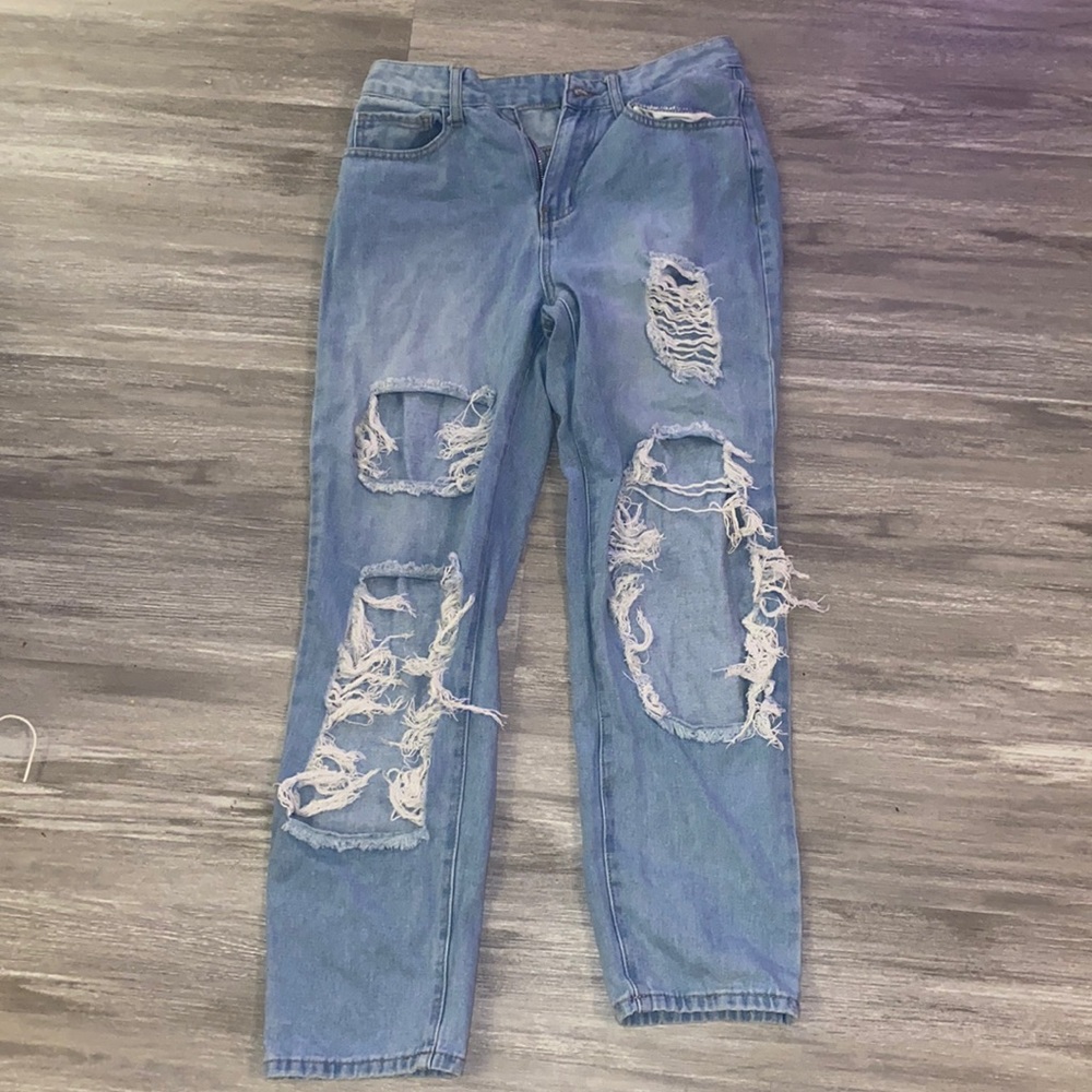 distressed high rise mom jeans